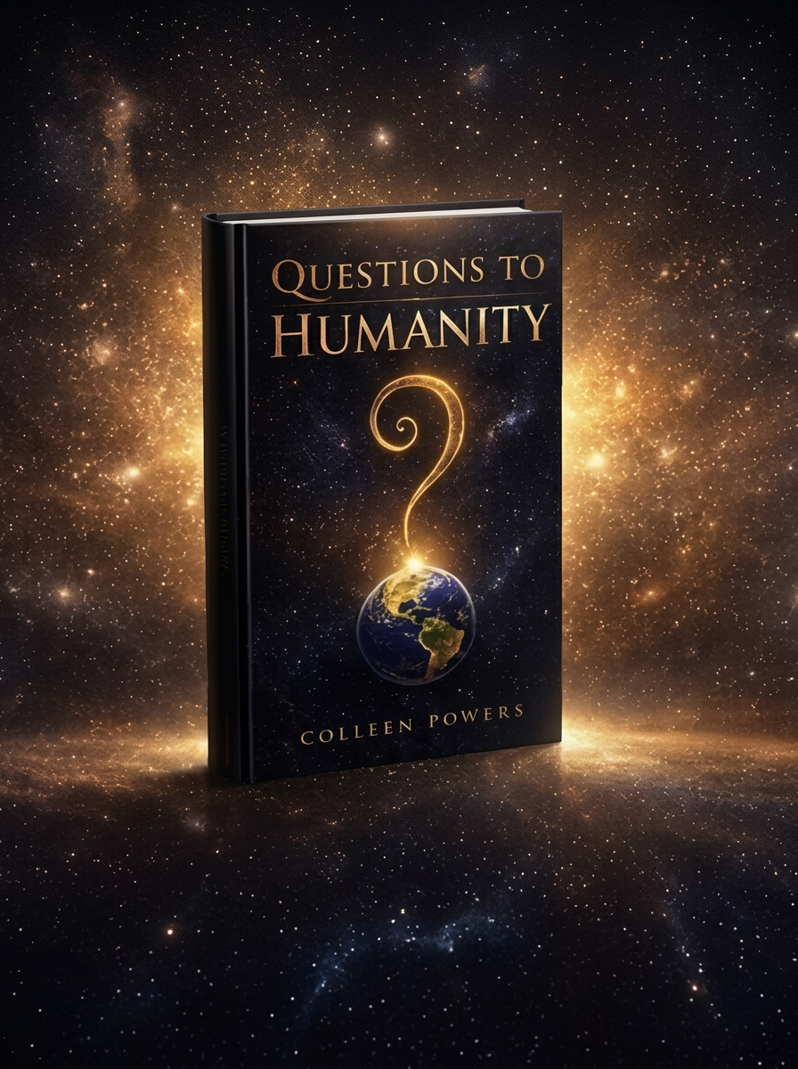 Questions to Humanity by Colleen Powers, a golden question mark rising from Earth against deep space